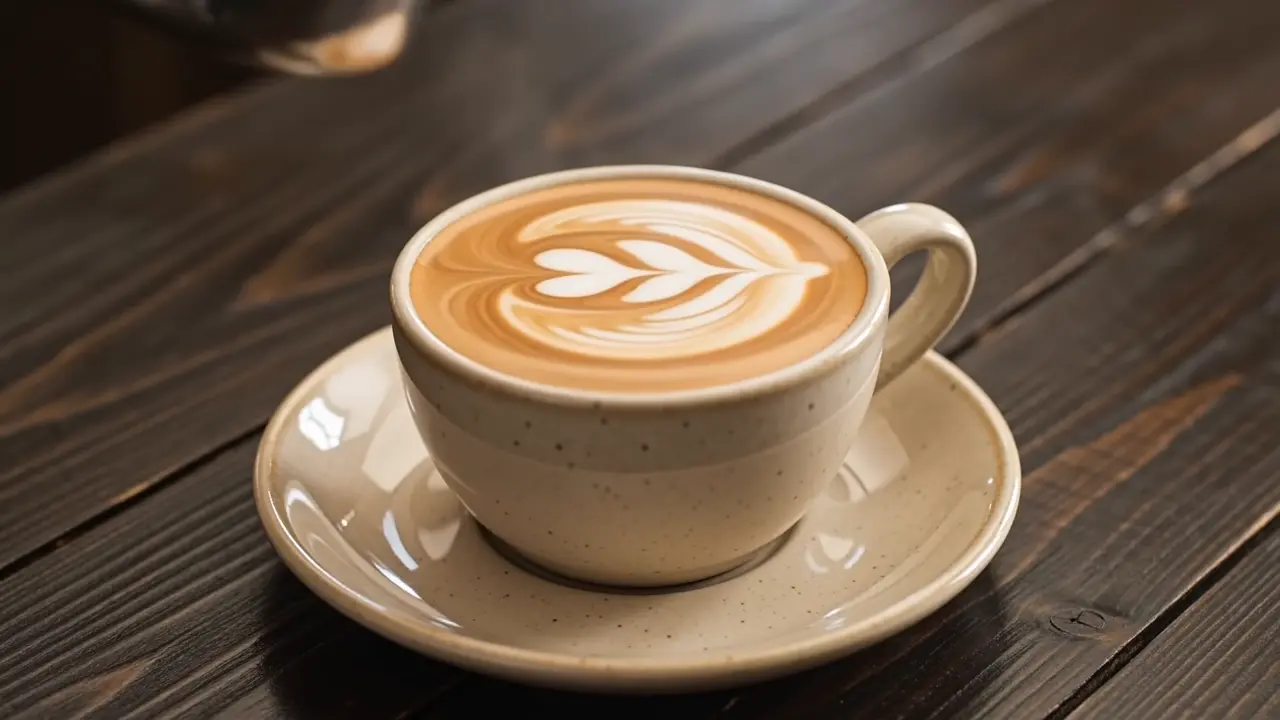 En latte med latte art i en beige kop