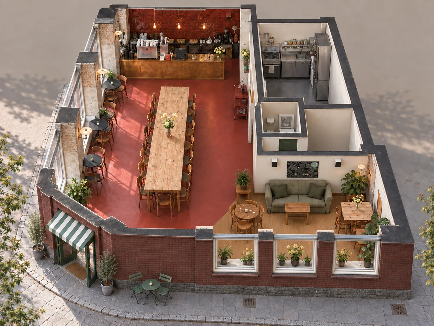 3D-illustration af lokalet hos Lagoni & Co. set ovenfra: langbordet midt i rummet, små borde langs vinduerne, disken bagerst og caféborde på fortovet